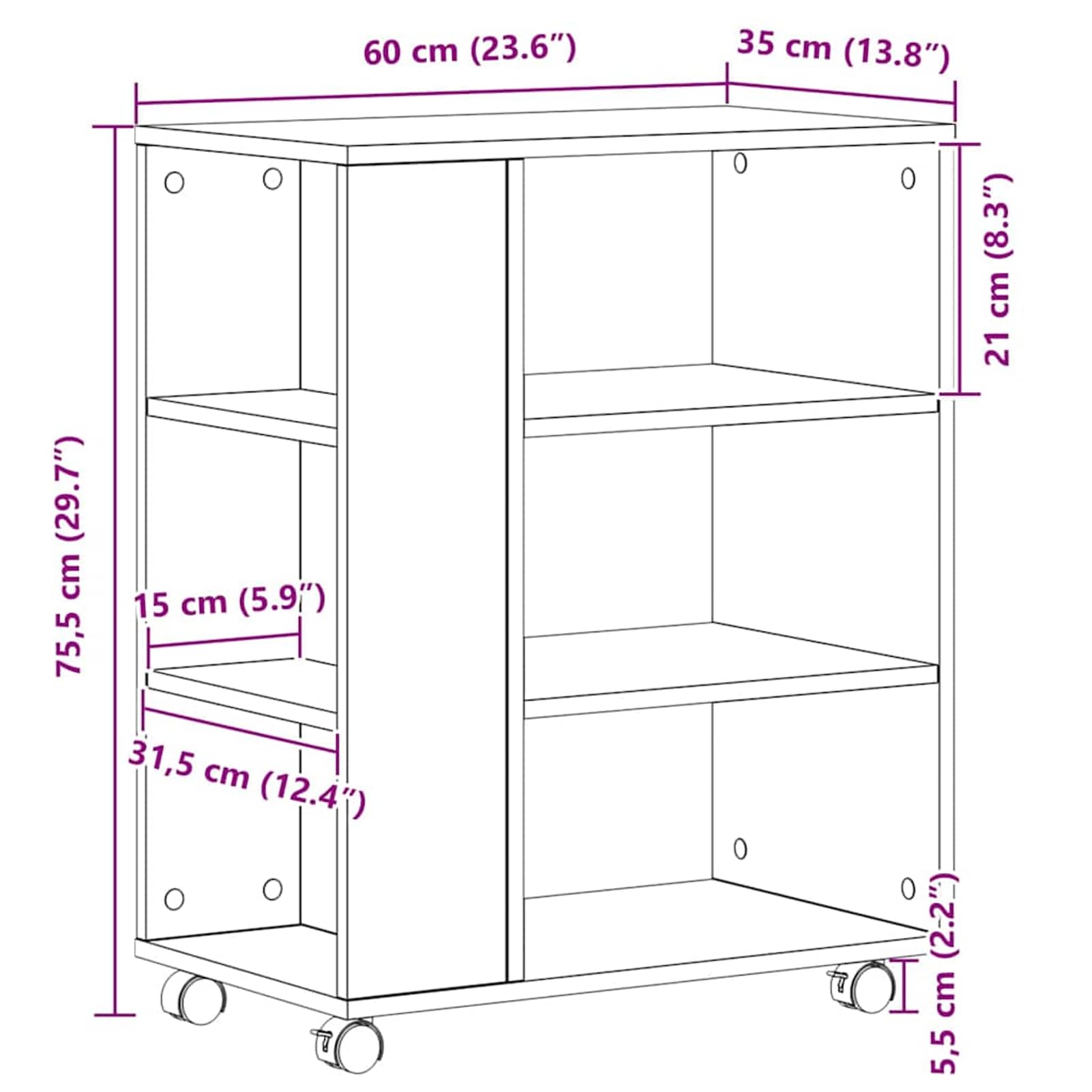 Aufbewahrungsschrank mit Rollen Schwarz Eichen-Optik Holzwerkstoff 60x35x75 cm 3 Fächer für Büroorganisation