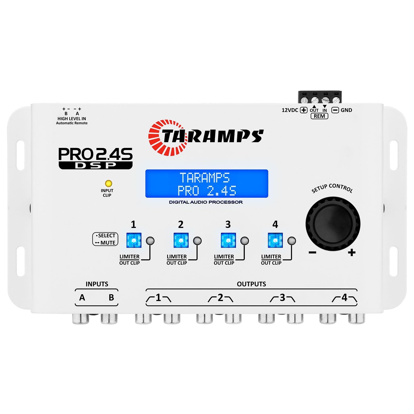 Taramps DSP Pro 2.4S White Crossover Full Digital Signal Car Audio Processor and Equalizer with Sequencer 15-Band Graphic Equalization 12 preset EQ, Remote Signal, Alignment, 2 Channel in and 4 Out