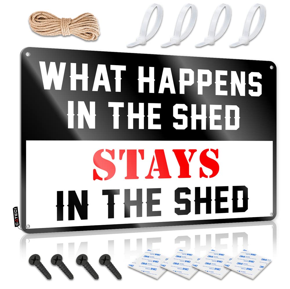 HELIOFORGE Signs For Room What Happens In The Shed Stays In The Sign Warning Signs For Bedroom Tin Sign For Man Cave(20X30CM)