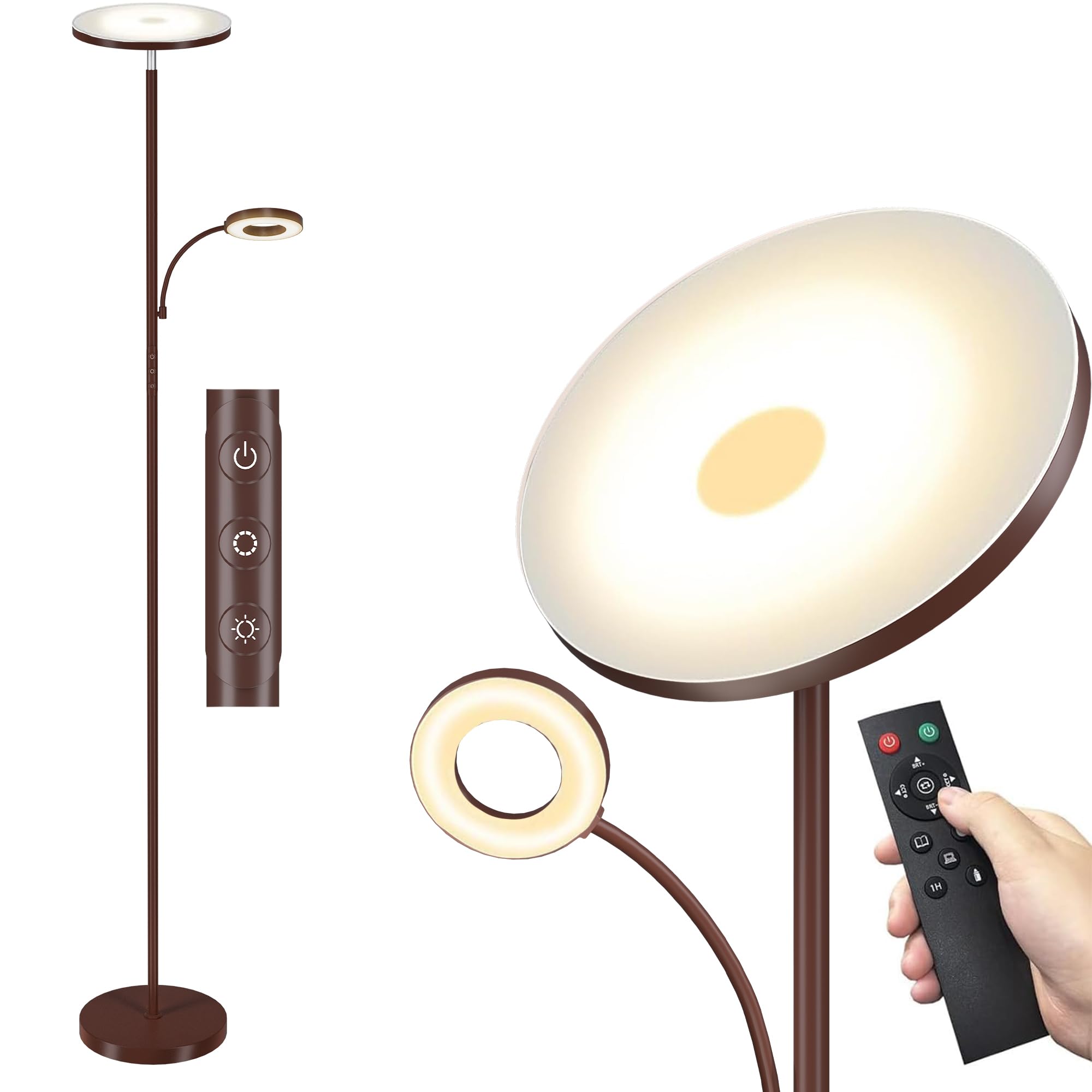 mukuxin LED Uplighter Floor Lamp, Upgraded 42W 4200LM Dimmable Floor Standing Lamp with Remote & Touch Control, 1min Installation, Standard Reading Lamps Living Room Modern (Brown)