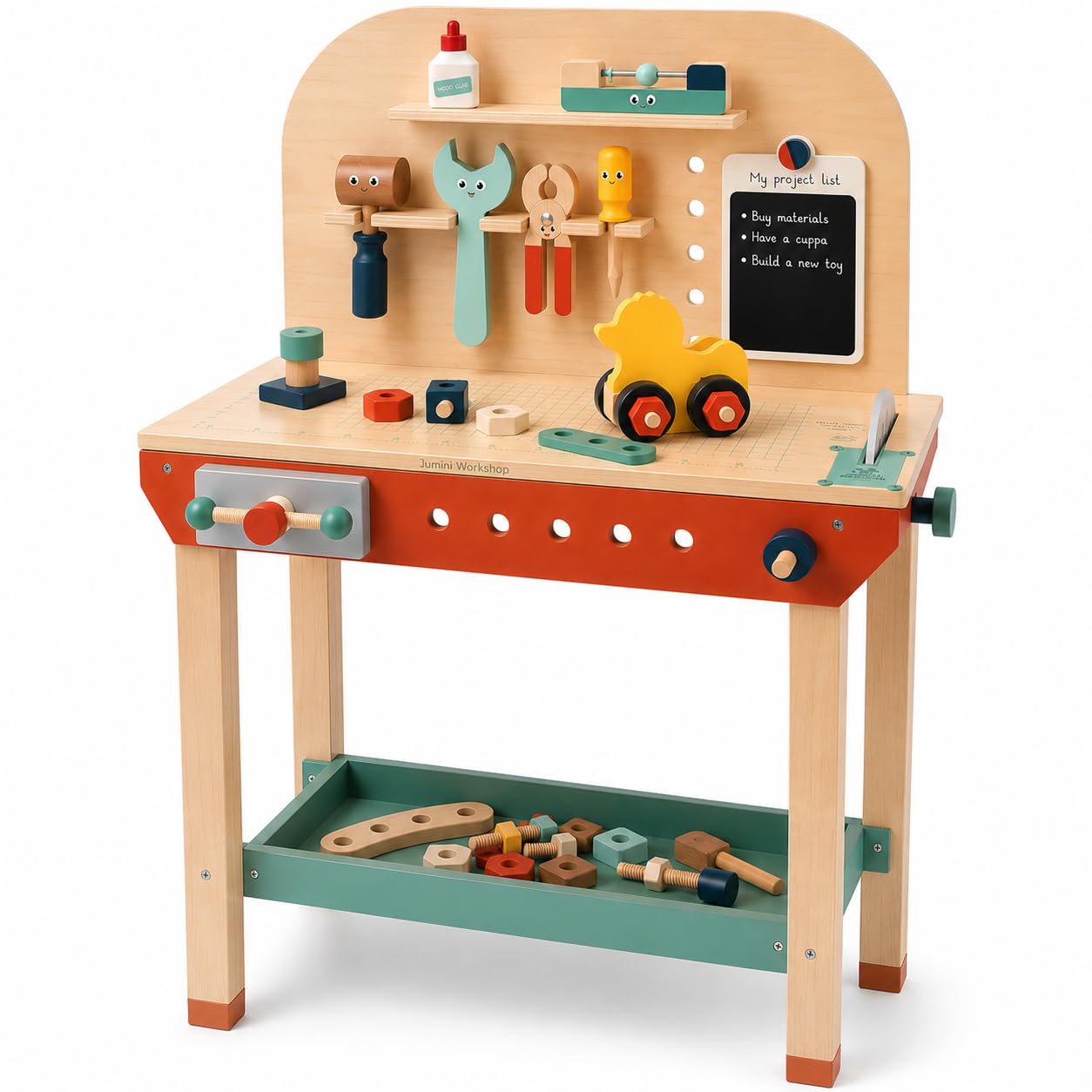 Jumini Wooden Workbench for Kids 3-7 Years | Kids Tool Bench with Real Working Vice, Chalkboard & 10 Wooden Tools | Montessori STEM Pretend Play Construction Toy | FSC Certified