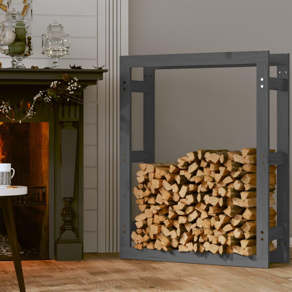 Regał na drewno kominkowe, szary, z litego drewna sosnowego, 80 x 25 x 100 cm, stojak na drewno opałowe, stojak na drewno opałowe, stojak na drewno opałowe, stojak na drewno opałowe