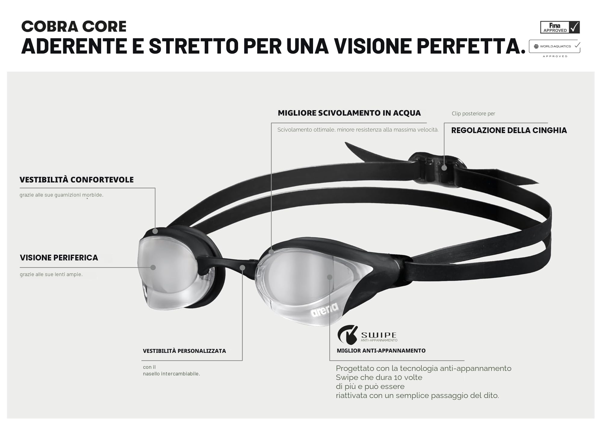 ARENA Cobra Core Swipe Mirror - Occhialini da nuoto da uomo, confezione da 1