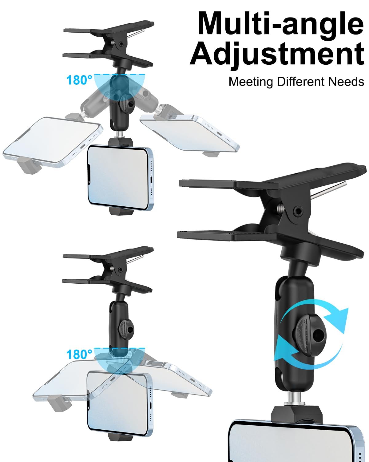 Soporte de metal para iPhone 16, 15, 14, 13, 12, 11 Pro Max, Android y todos los teléfonos inteligentes, soporte para teléfono celular de coche con brazo multifuncional ajustable de 360°, abrazadera