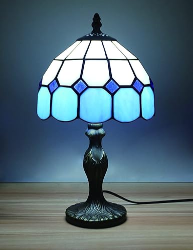 Miniatura 5 de Lámpara de mesa estilo Tiffany de 8 pulgadas, serie mediterránea, pantalla de vitral, pequeña lámpara de noche de lectura, luz de escritorio