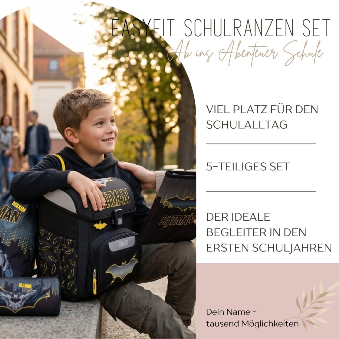 Undercover Juego de mochilas escolares de 5 piezas, para niñas de 1ª clase, con contenido personalizado, estuche escolar, diseño de Scooli, Batman Negro, Juego de mochila escolar