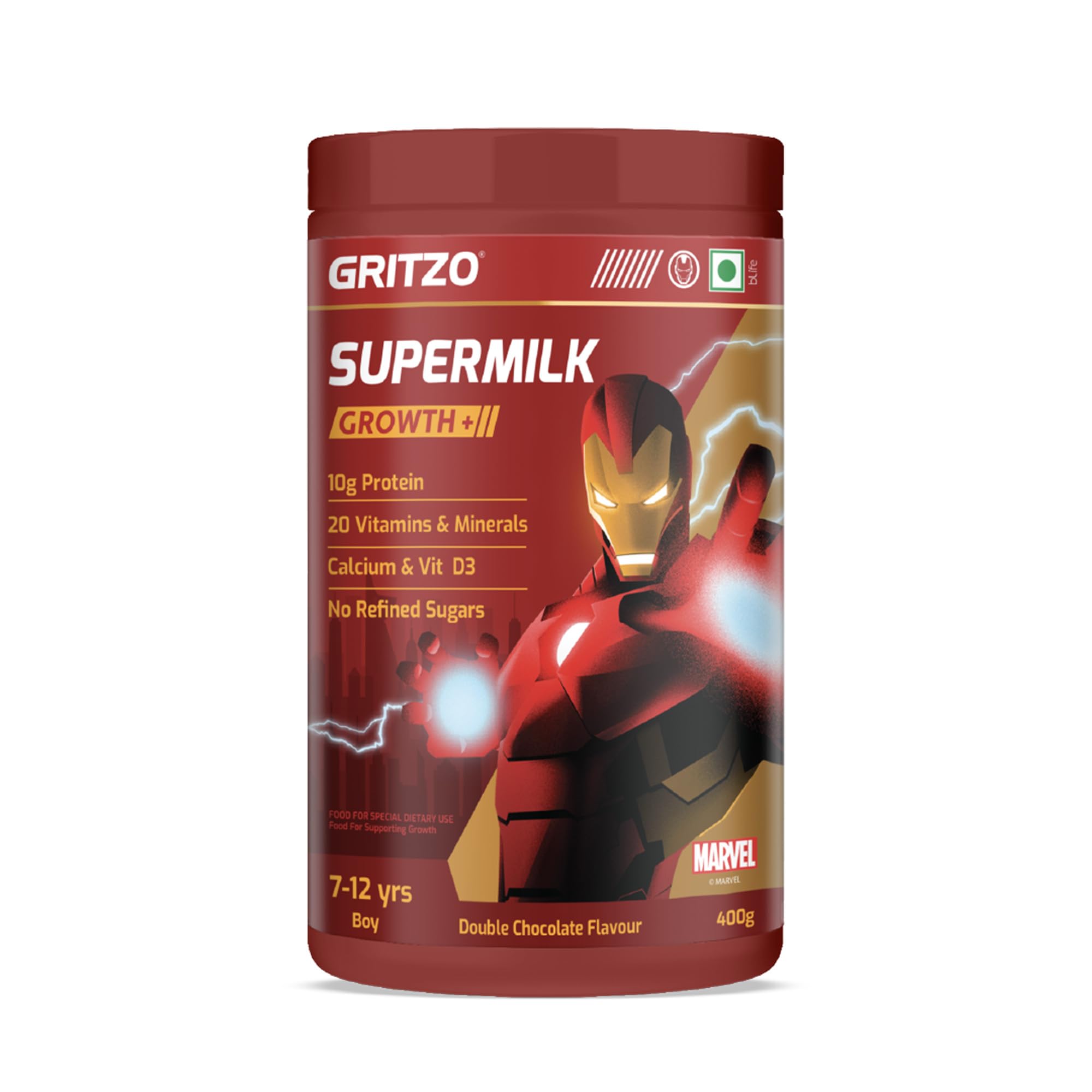Gritzo SuperMilk Growth+ Iron Man (7-12y Boy), 10g Protein Powder (Double Chocolate, 400g) | No Refined Sugar, 20 Vitamins & Minerals