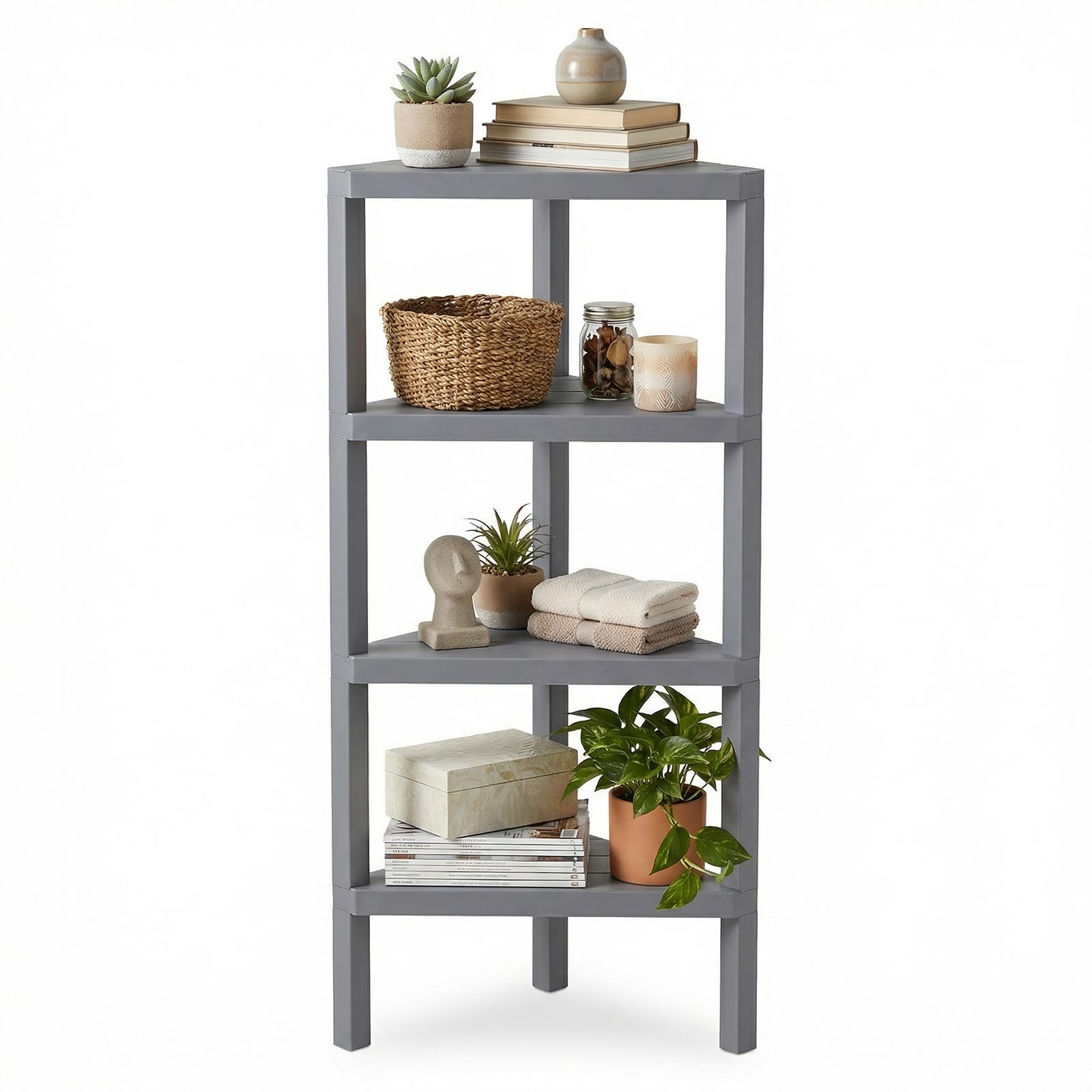 KOMFOTTEU - Estantes esquineros de 4 niveles, carga de 32 kg, mueble esquinero, plástico con estantes de láminas, ideal para baño, cocina, sala de estar, dormitorio, oficina, 46 x 33 x 99 cm (gris)