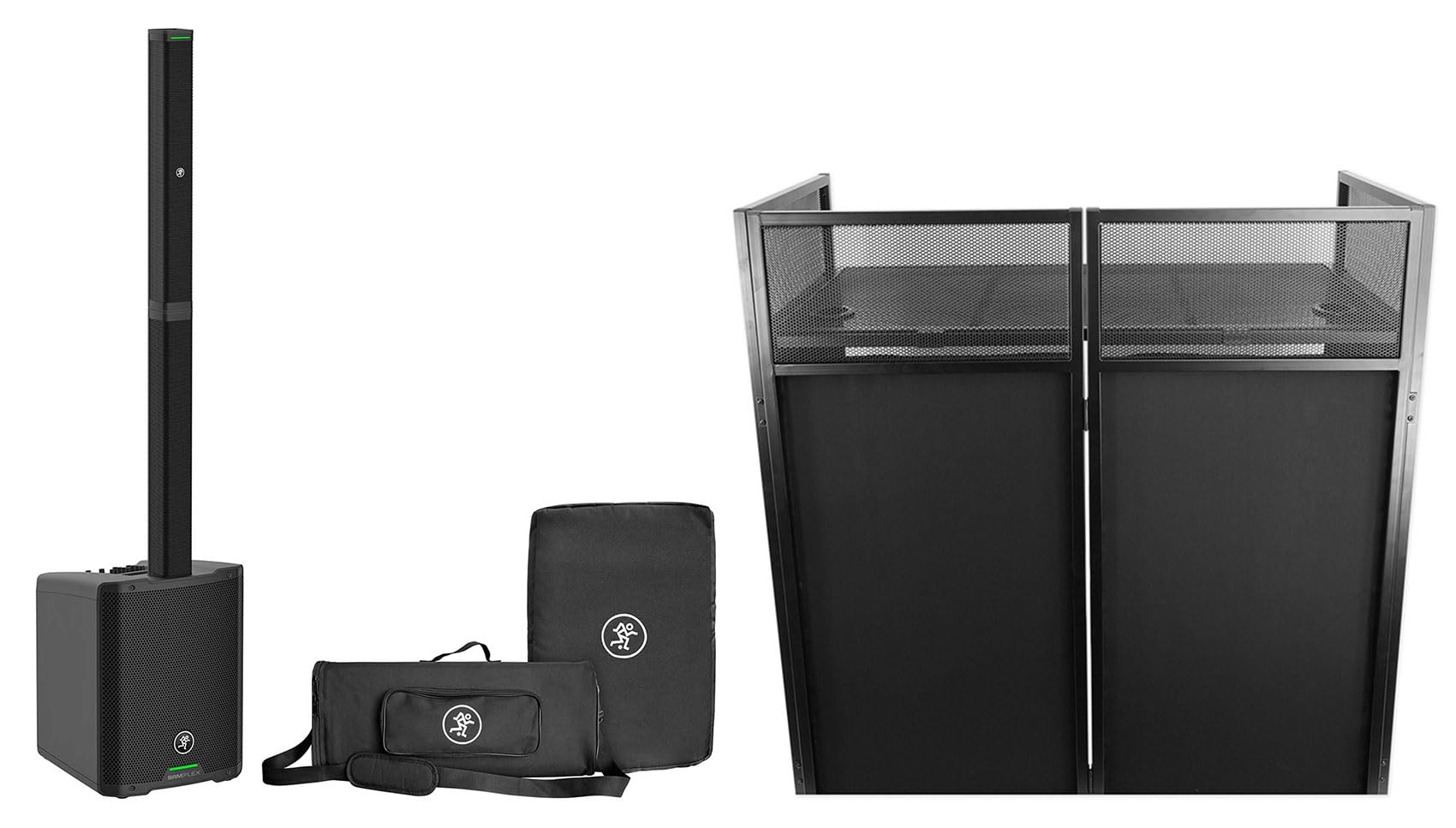 Audiosavings Bundle:(3) Mackie SRM-Flex 1300w Portable Line Array DJ Speaker w/Sub+Carry Bag Bundle with (1) Rockville ROCKBOOTH DJ Event Booth Facade (4 Items)