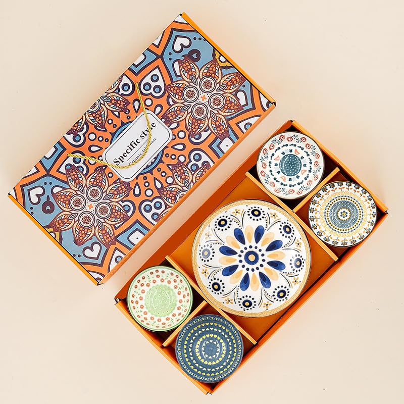 Image of 6-Piece Ceramic Dinner Set, 2 Plates & 4 Bowls, Microwave Safe, Dishwasher Safe, Floral Dinnerware (Ethnic Floral Multicolor, 2 Plate & 4 Bowl Set)