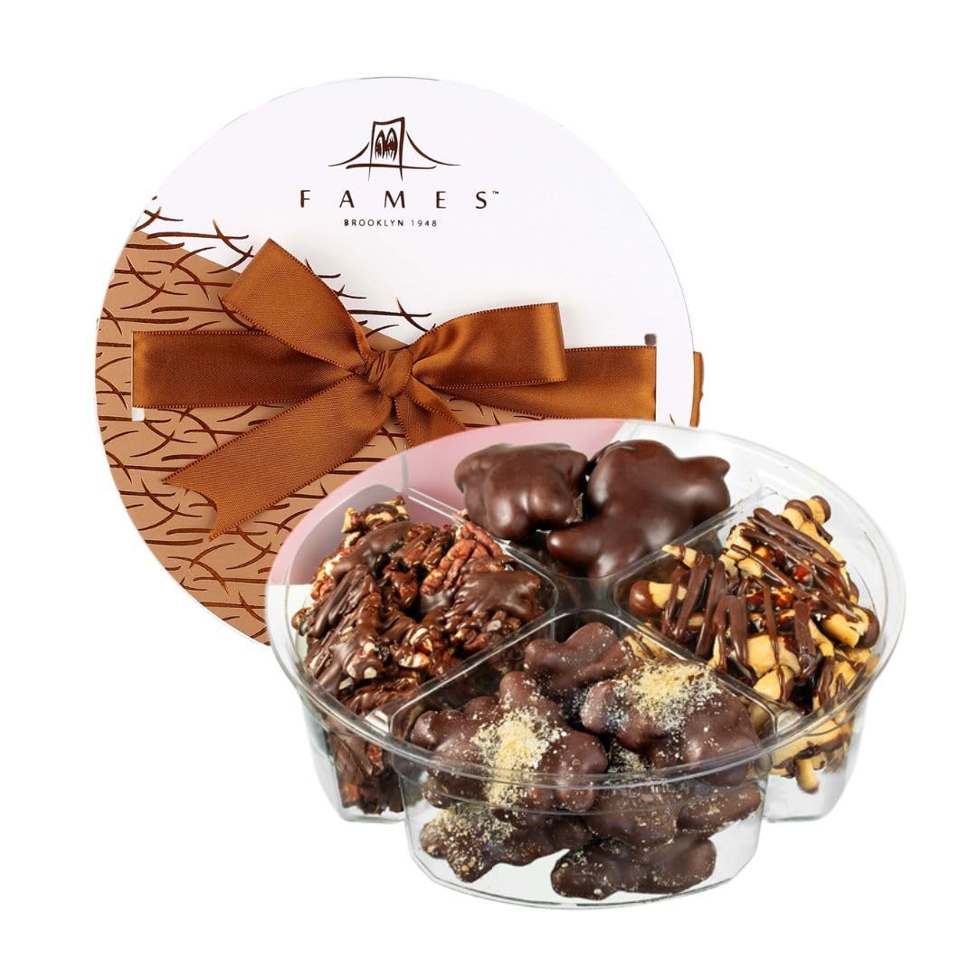 Nut Clusters Chocolate Gift Box - Assorted Caramel Brittles, Pecan Patties, Almond & Cashew Clusters, Kosher Dairy Free Nuts and Chocolates Basket, Dark Chocolate Covered Nuts Holiday Baskets Gifts