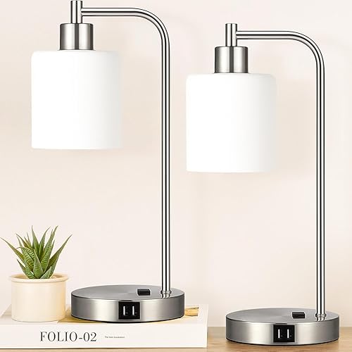 Miniatura 1 de Juego de 2 lámparas de mesa industriales con control táctil, lámparas de noche de níquel negro con 2 puertos USB y salida de CA, lámpara de