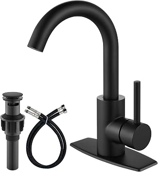 Airuida Bathroom Faucet Single Hole,Stainless Steel 360 Swivel Spout Vanity Sink Faucet with Pop Up Drain and Deck Plate,Single Handle Modern Bar or RV Faucet,Matte Black