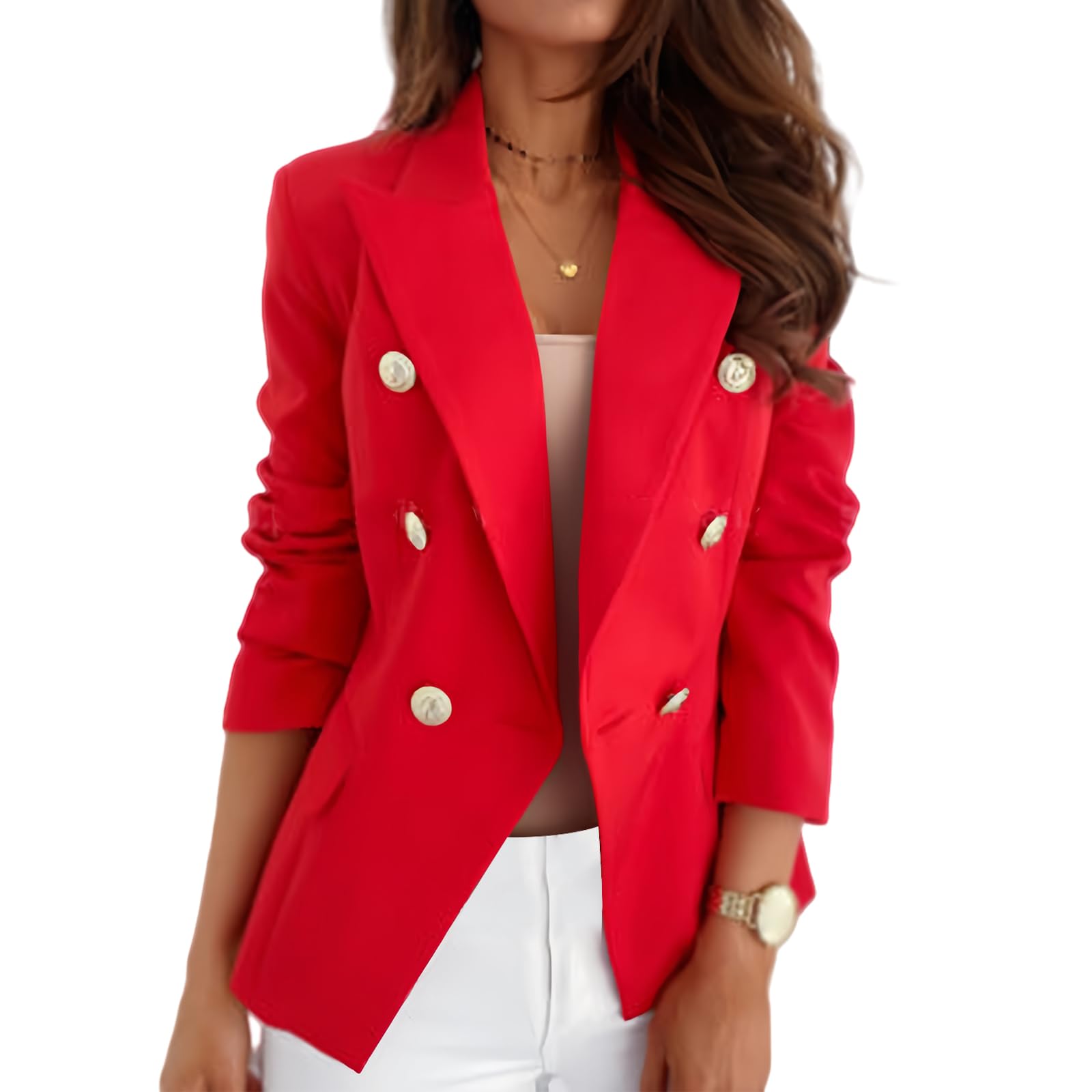 Casual Blazer for Women Trendy Long Sleeve Jacket Gold Button Work 0ffice Lapel Open Front Suit with Pockets