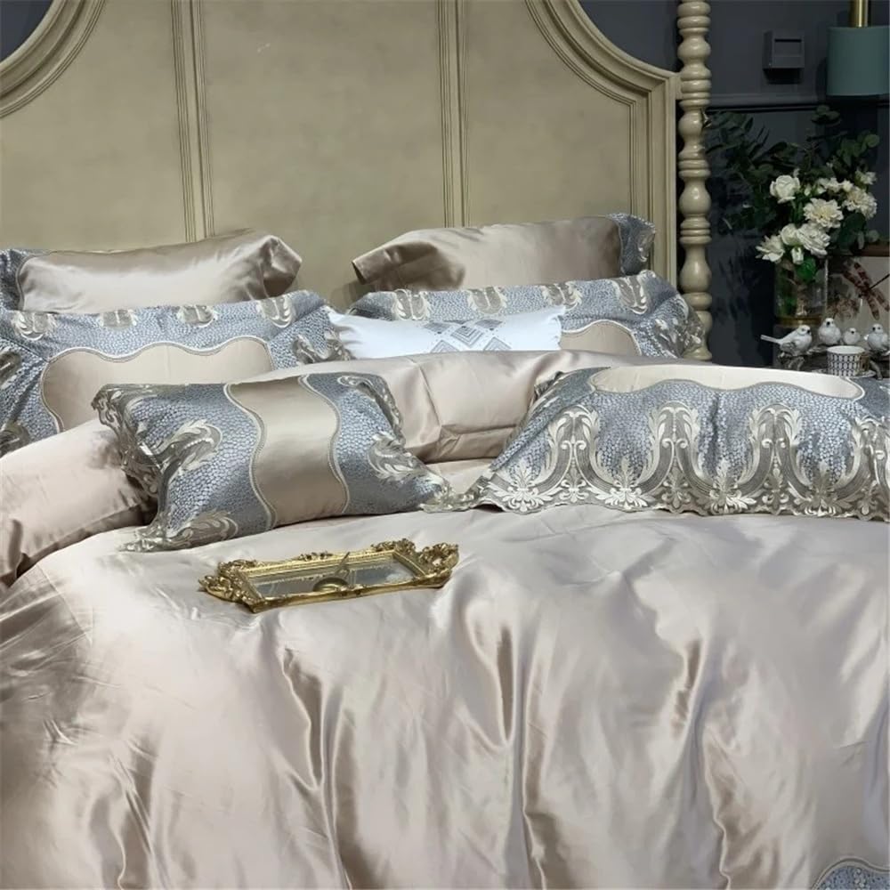 Bedding Set Copripiumino di Lusso con Ricamo in Pizzo, 4 Pezzi, in Cotone Egiziano 1000TC, Set Morbido e setoso