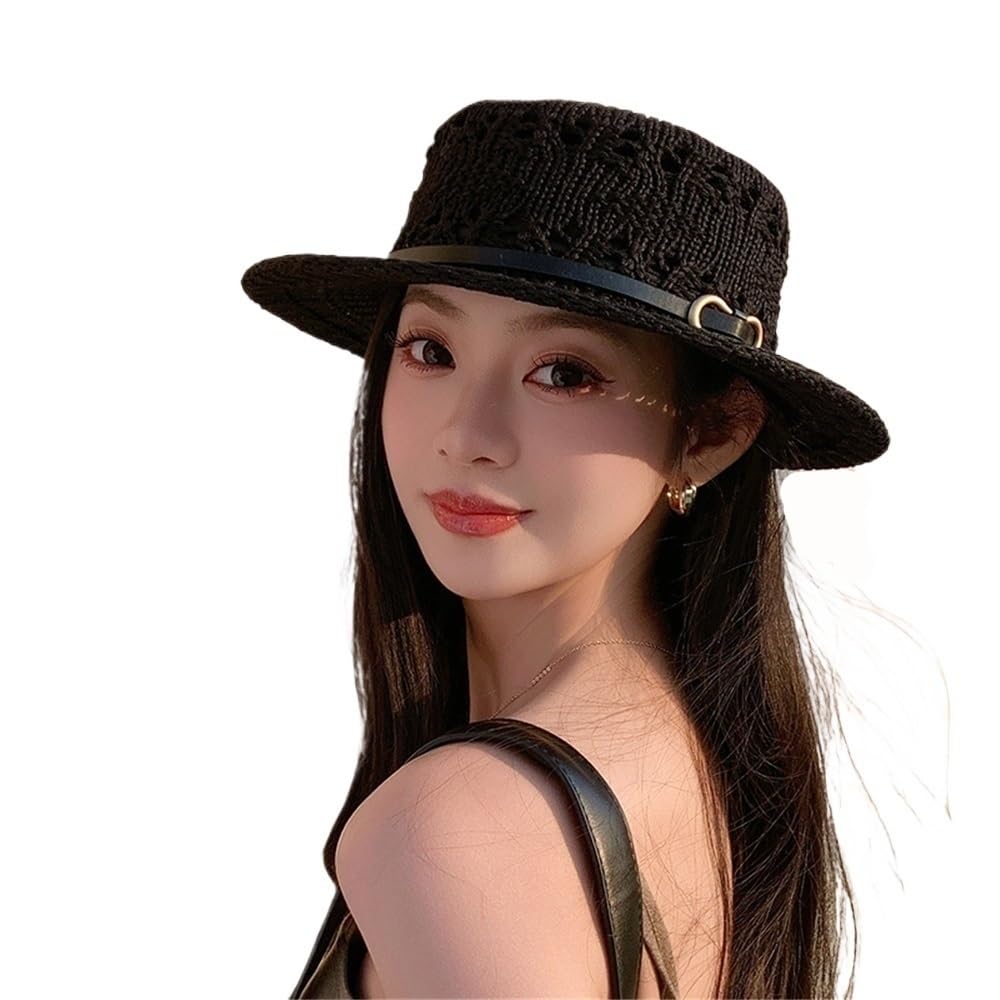 Chapeau de soleil plat femme crochet noir chapeau de plage respirant