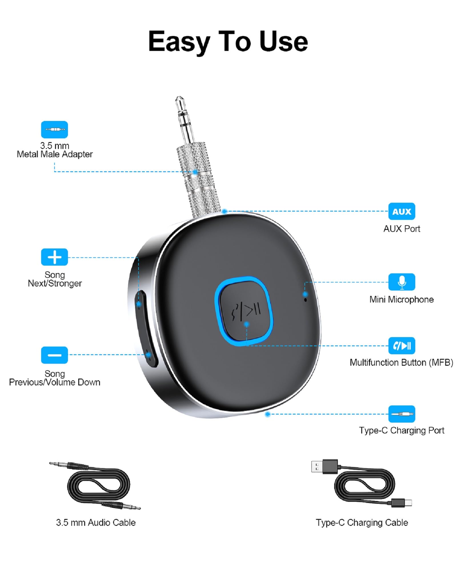 HORJOR Ricevitore Bluetooth Auto AUX, Adattatore Bluetooth 5.0 Aux Cancellazione Del Rumore Jack 3,5 mm,Chiamate In Vivavoce,Cuffie Cablate,Auto Altoparlanti