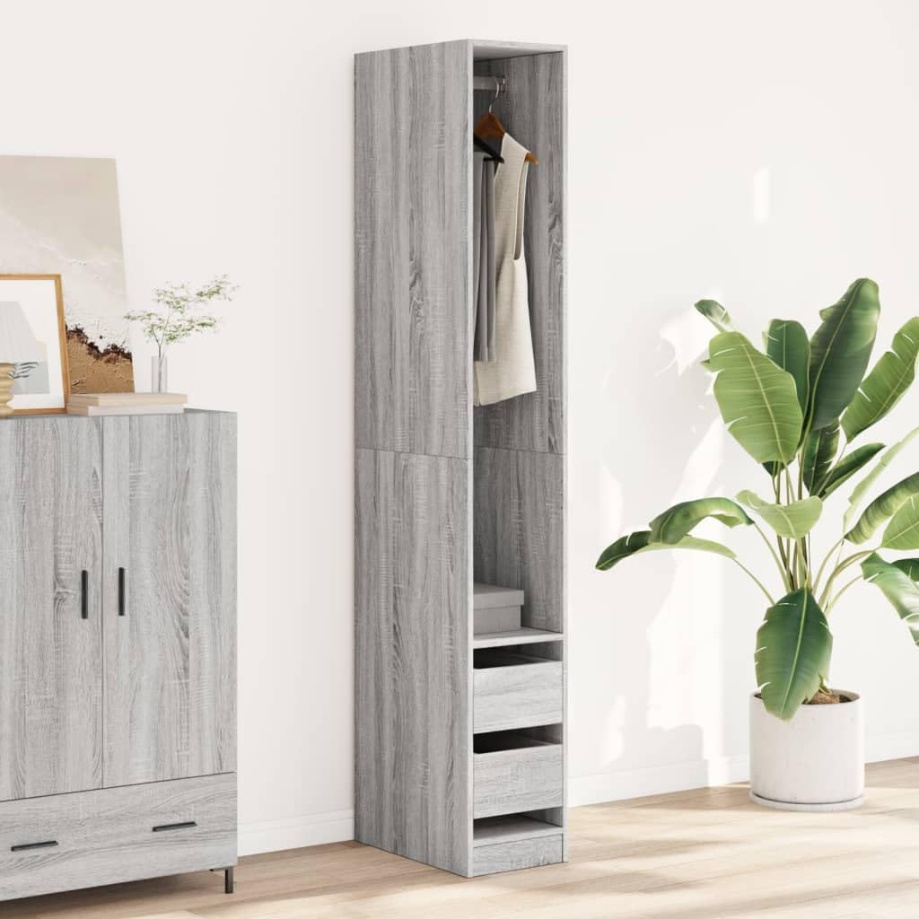Kleiderschrank Grau Sonoma Holzwerkstoff 30x50x200 cm mit Fach und 2 Schubladen, kompakter Flurschrank für Schlafzimmer und Ankleidezimmer, Stauraum für Kleidung und Ordnung