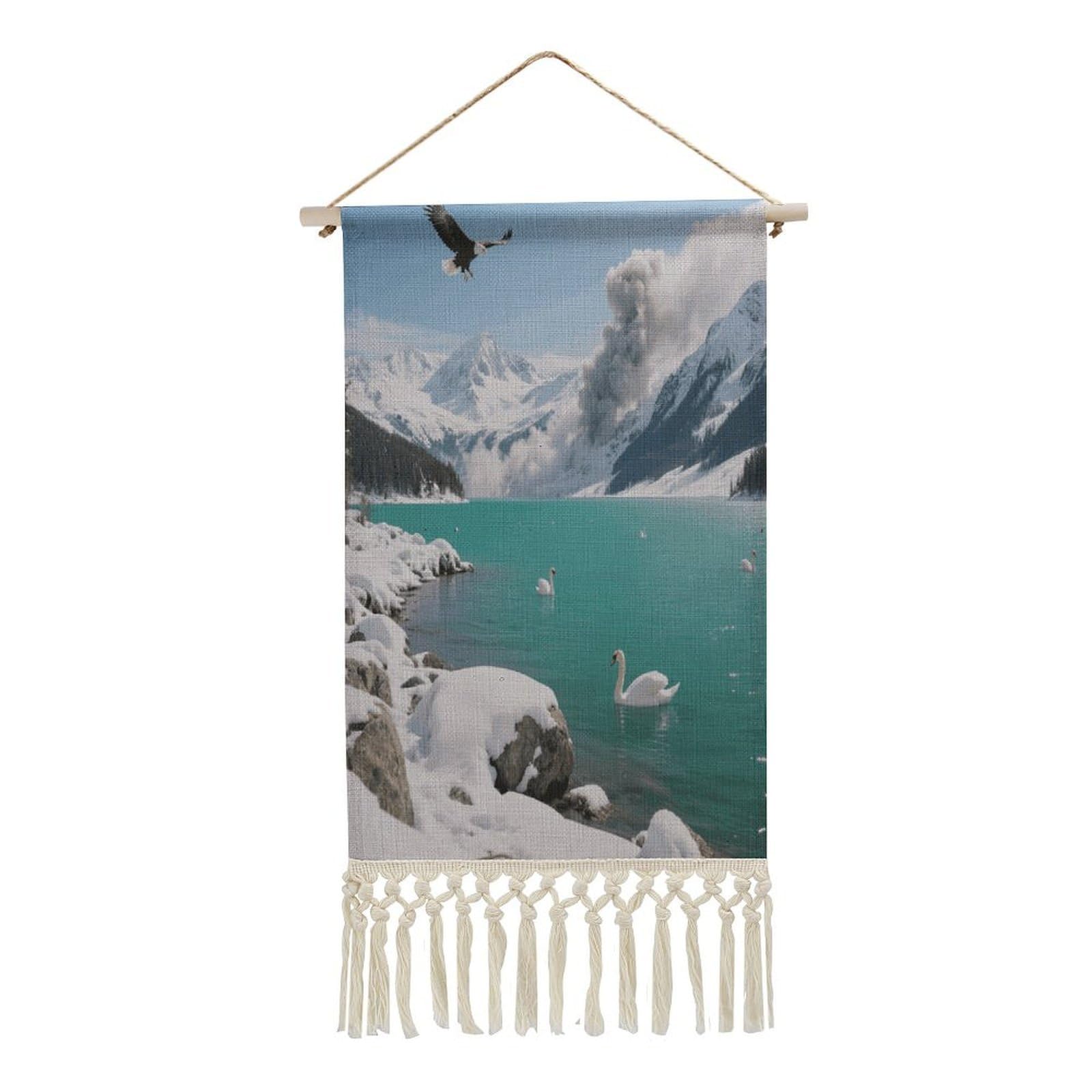 FekiLoot Alpine Lake View Wall Art Poster Hanger Frame Vertical Tassel Tapestry Cotton Linen Hanging Poster Decorative Wall Art Prints Vintage Wall Art Decor for Home Bedroom Living Room Office