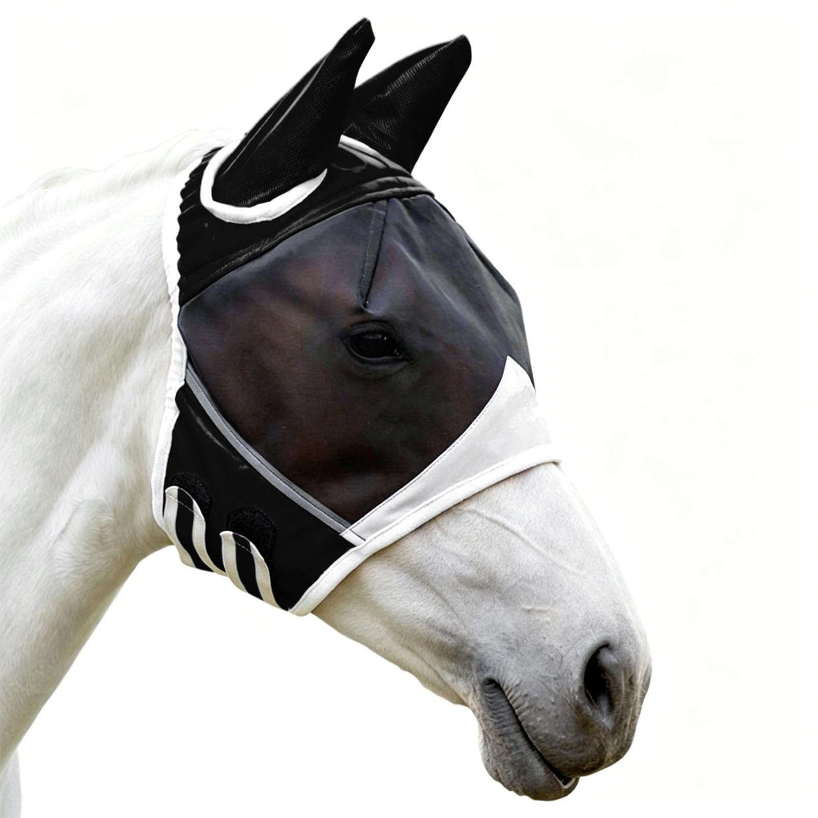 Masque Anti-Mouches Pour Cheval Avec Pompons – Polyester, Réglable, 3 Tailles