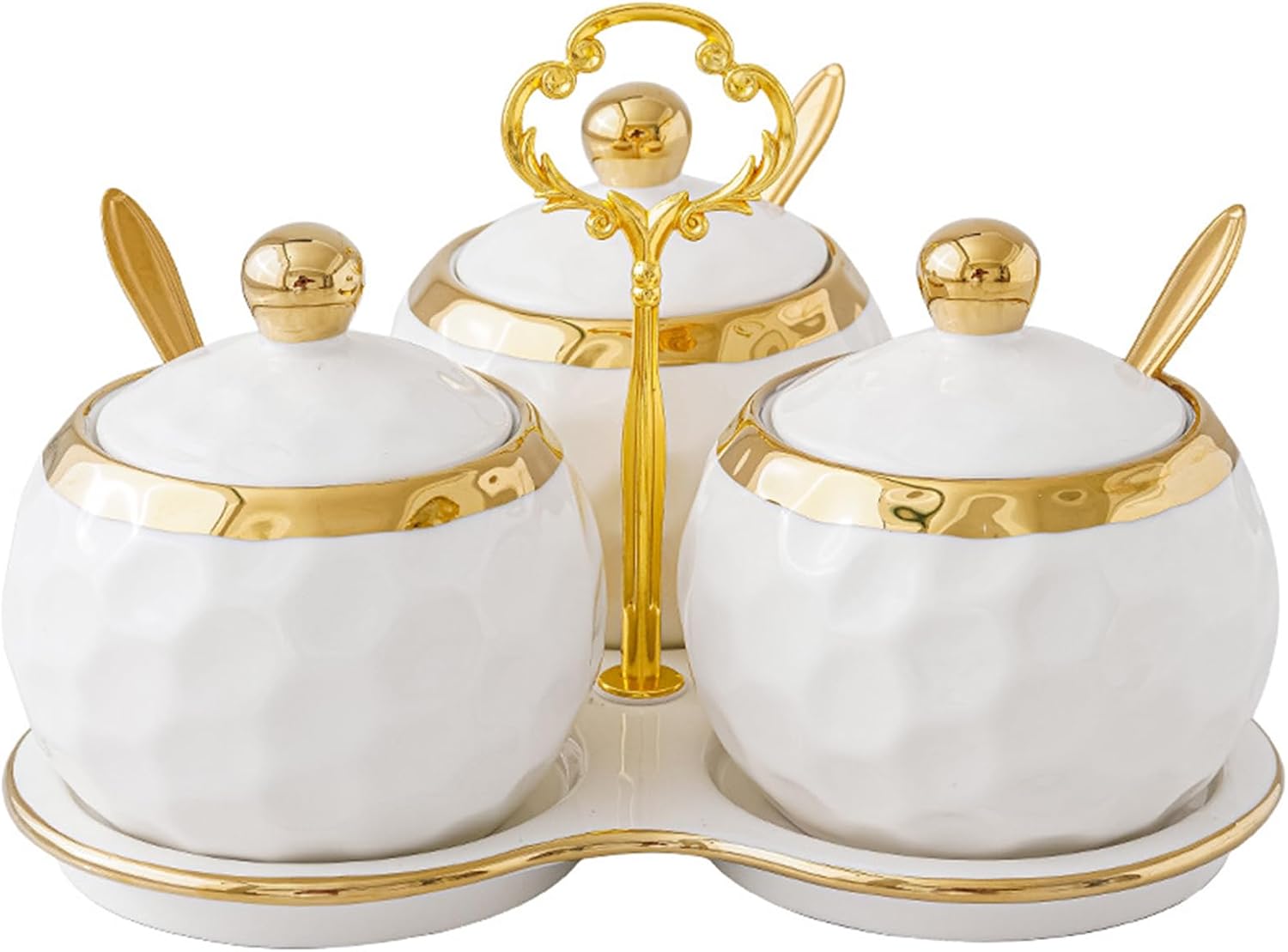 Set of 3 Porcelain Condiment Pot Sugar Bowl with Lid, Spoon and Tray, Modern Ceramic Seasoning Jars Salt Container for Home Kitchen, Restaurant, Coffee Bar (White)
