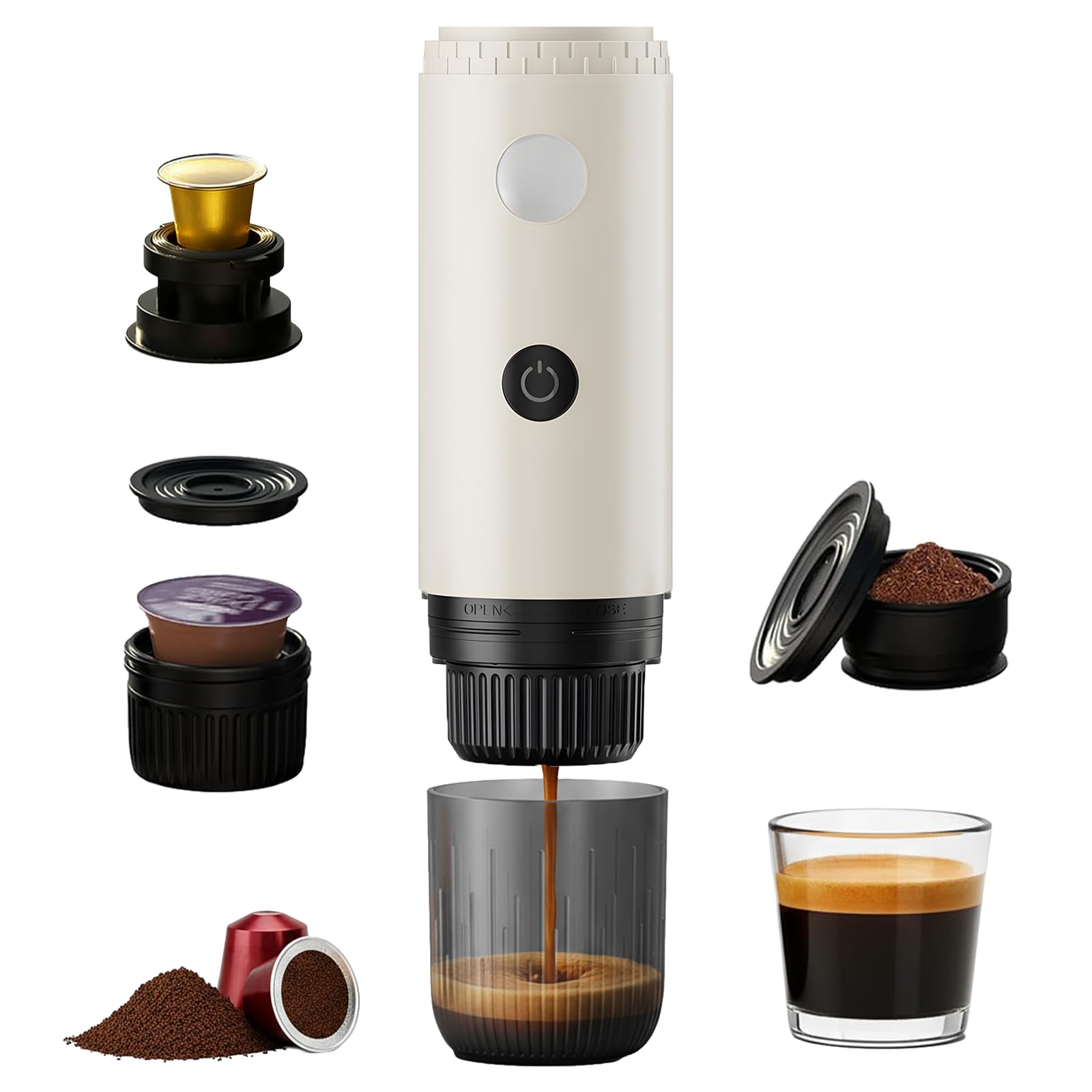 Machine à Cafe Portable, Cafetière Portable 3 en 1 Compatible avec les Capsules Espresso et Poudre de Café, Rechargeable Pour Voyage, Camping, Voiture, Maison Blanc