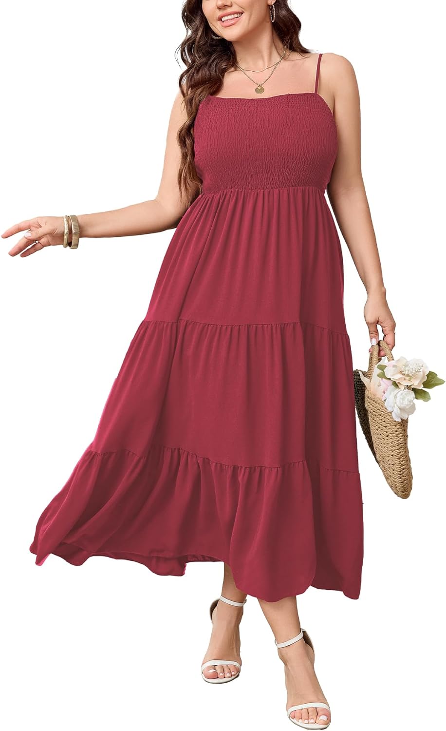 SCOMCHIC Women's Plus Size Summer Maxi Dress Sleeveless Spaghetti Strap Smocked Casual Boho Tiered Long Beach Sun Dresses