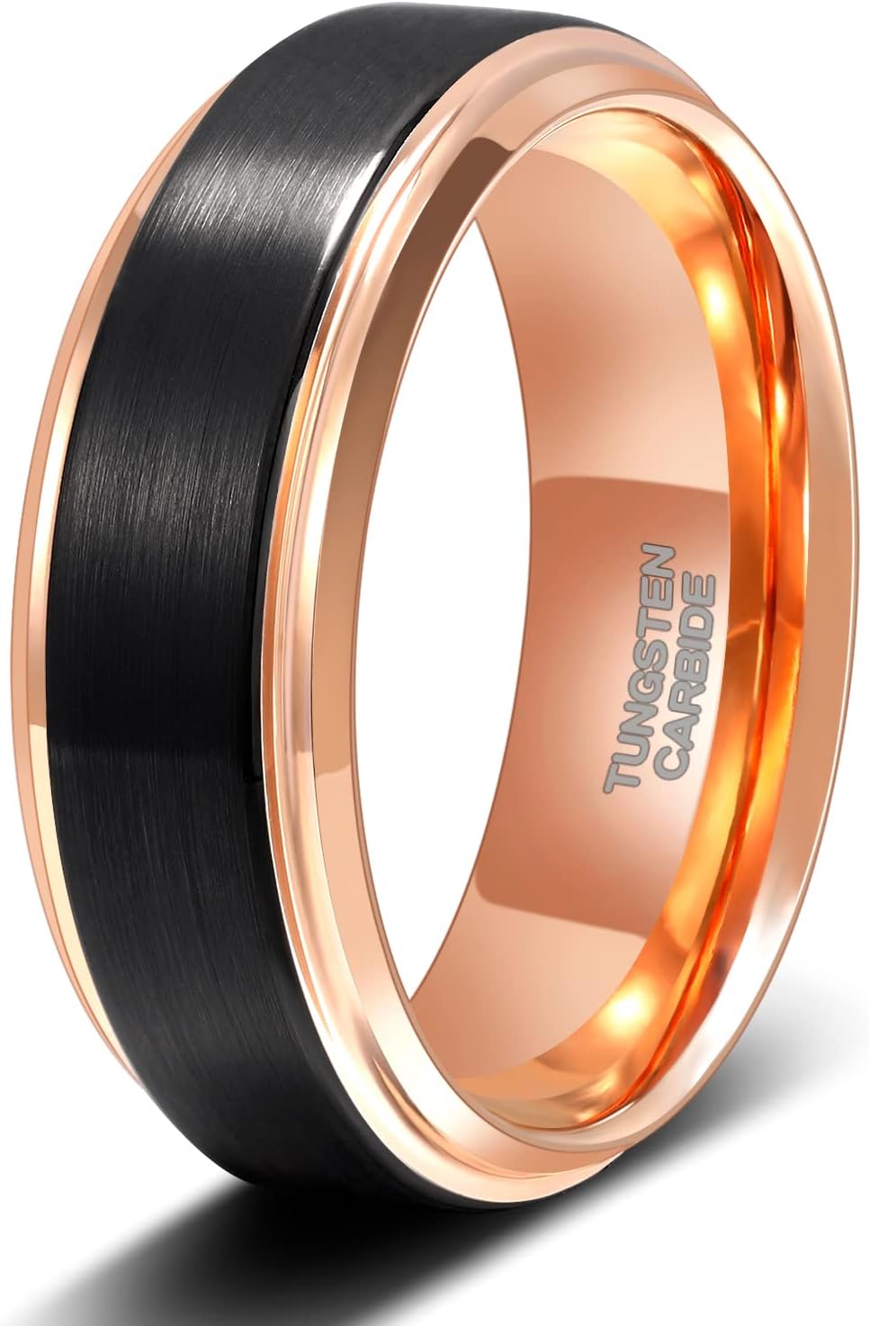 TRUMIUM 6mm 8mm Tungsten Rings for Men Women Black Wedding Band 24K Gold Plated/Rose Gold Plated Step Edges Comfort Fit Size 6-13