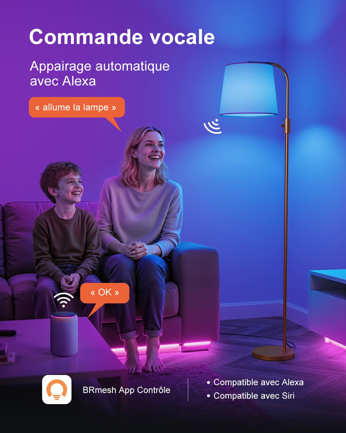 DUSKTEC Lampadaire arqué RGB connecté, contrôle App, Compatible avec Alexa