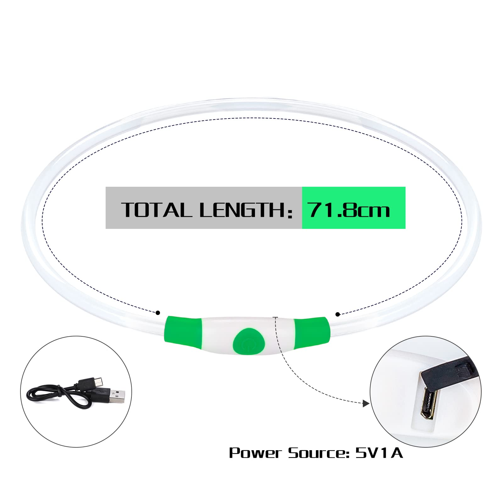 Larkumio Collare Luminoso per Cani Ricaricabile USB, LED Luce Collare Cane Taglia Grande Media Piccola Lunghezza Regolabile Dog Collar Collare Cucciolo con Flash 3 Modalità Impermeabile, Verde