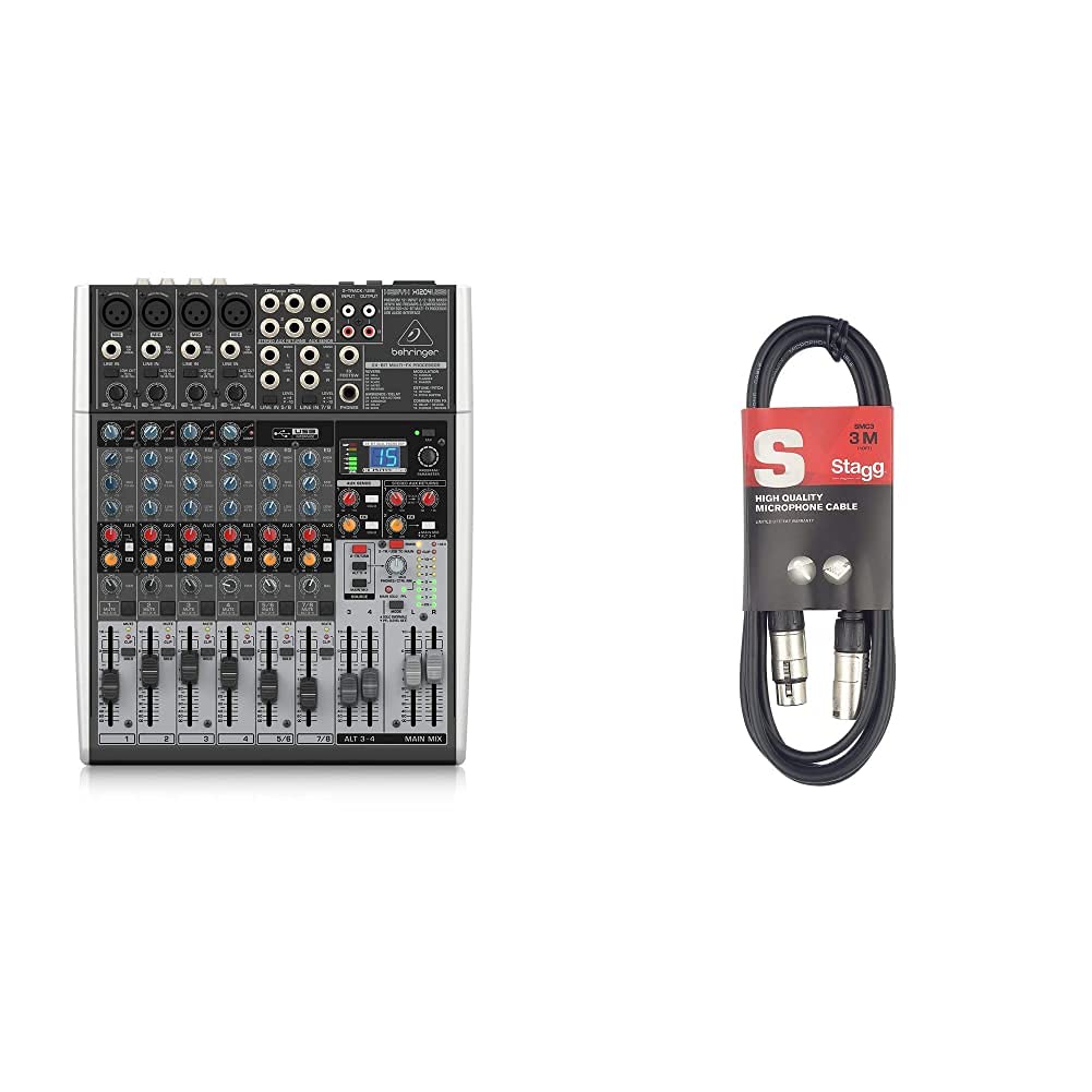 Behringer Xenyx X1204USB Mixer Professionale con Processore Effetti, 12 Ingressi e 4 Preamplificatori Microfonici, Nero, Interfaccia Audio e USB, Stagg XLRF a XLRM Plug Microfono Cavo, 3 m, Nero