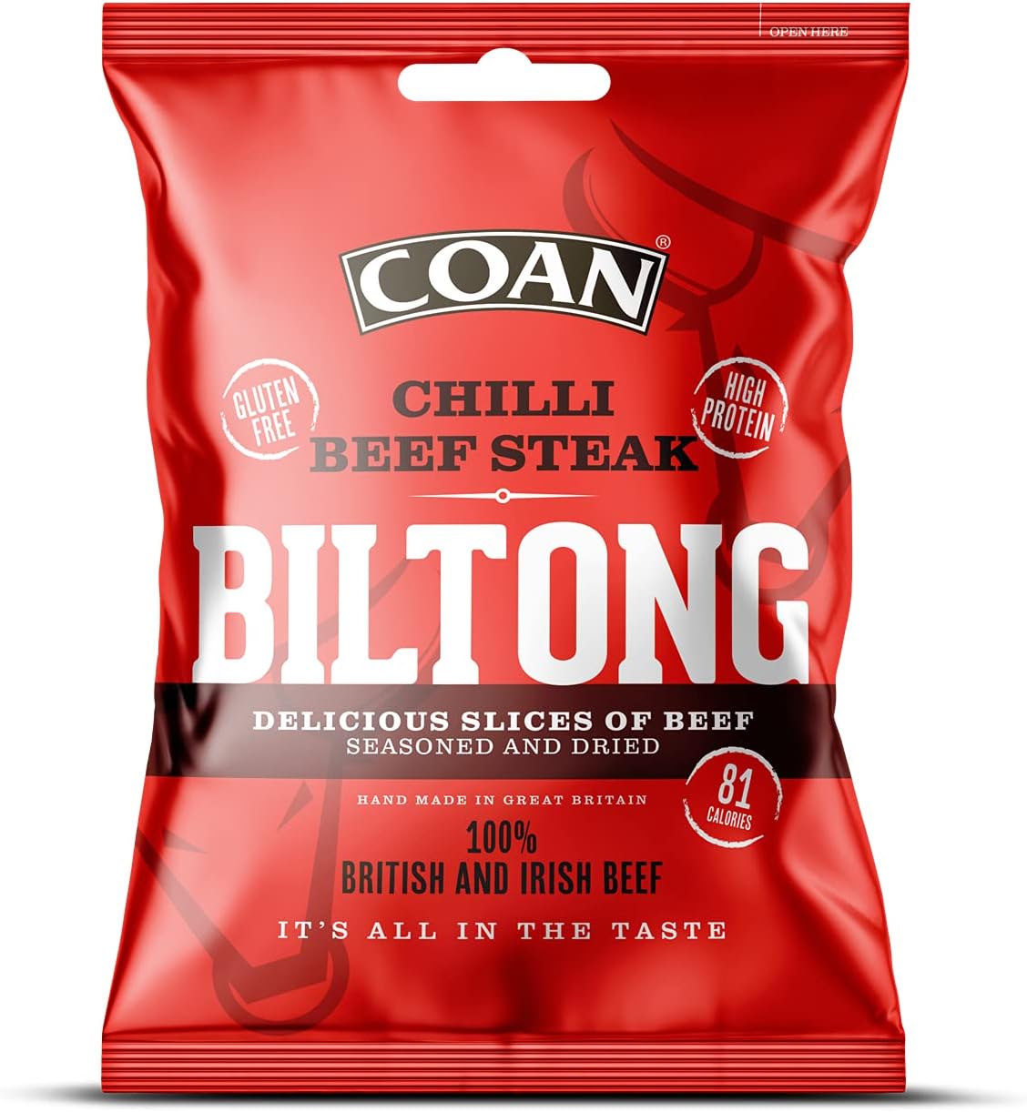 COAN Beef Biltong - 10 x 25g - High Protein, Low Carb Savoury Snack - 15g Protein Per Bag - Made With British Beef (10 x 30g, Chilli)