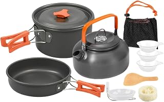 Survival Cooking Kit with Frying Pan Kettle Non-Stick Plates | Camp Pots Backpacking Cooking Set for Hiking Fishing Climbing Picnic Travel Tailgating Home Apartment