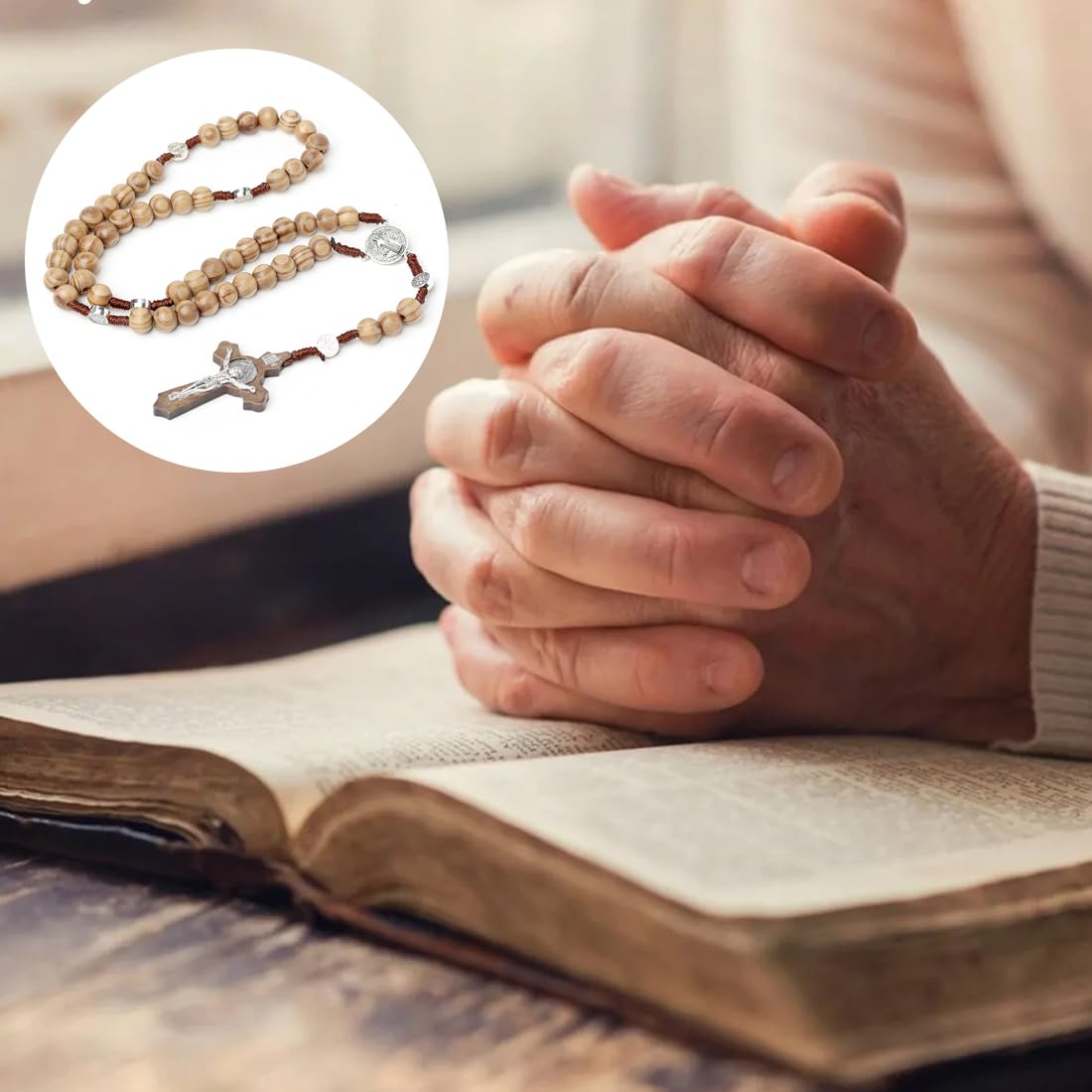 Chapelet Catholique En Bois Naturel | Avec Croix Jésus Et Médaille St Benoît | Pour Prière Et Méditation