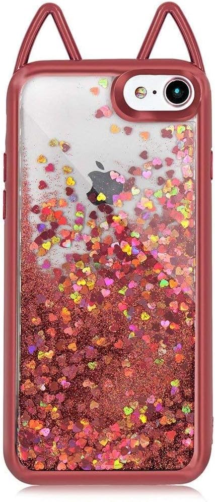 for iPhone 7 Case, for iPhone 8 Case, Yousorld 3D Sparkle Shiny Cat Ears Bling Glitter Soft Silicone Case with Liquid Love Heart Floating Soft Plating Transparent TPU Design (Rose Gold)