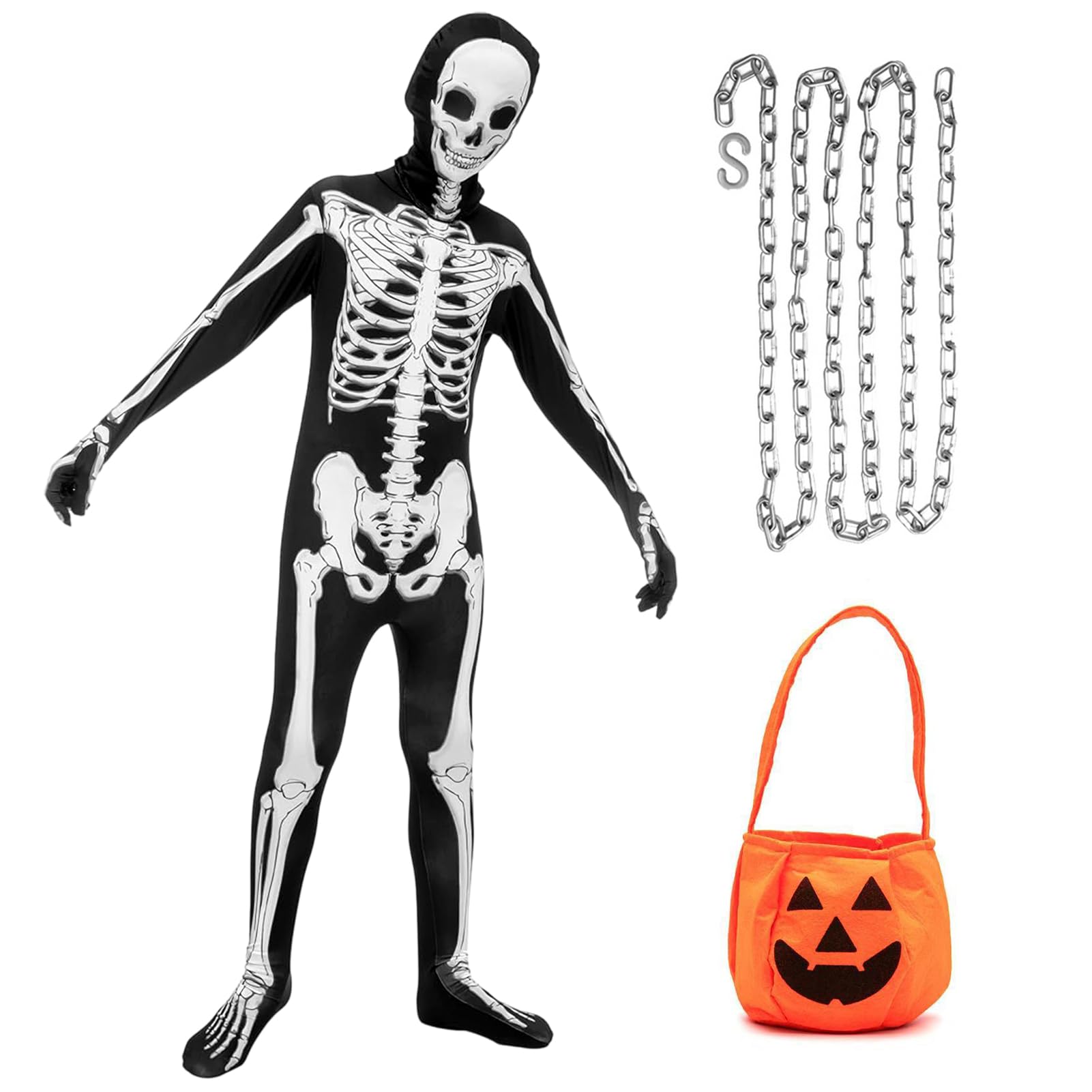 Angenster Skeleton Costume for Kids - Halloween Dark Grim Reaper Onesie With Mask and Bucket Chain - Outfit for Boys and Girls (White, 130)