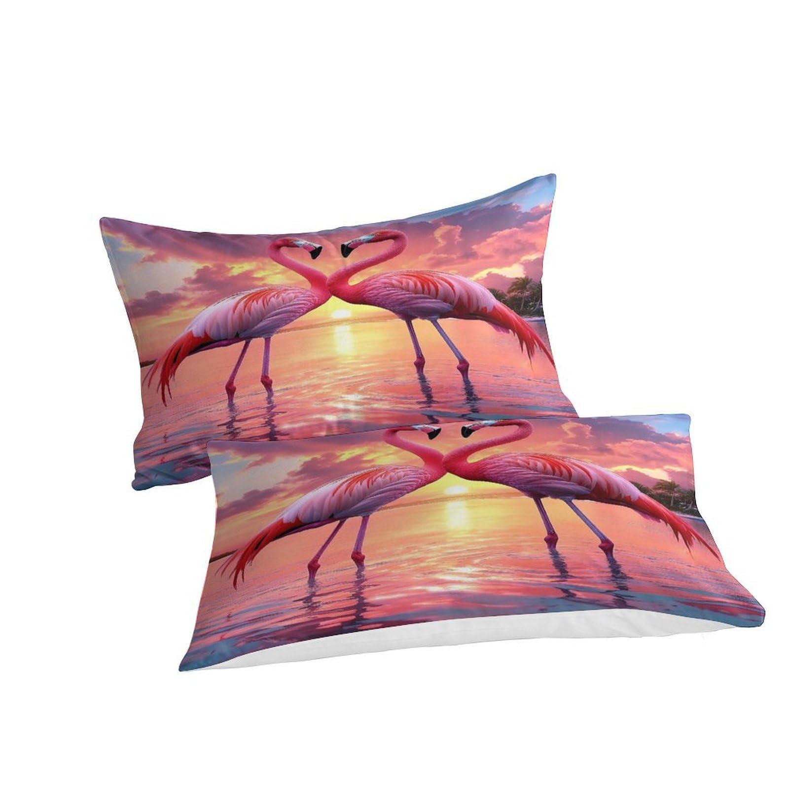 Flamingo-Pärchen Bettwäsche-Set, Tropical Sonnenuntergangsszene 3D-Bedruckt, Mit Kissenbezügen Bettbezüge Microfaser Für Erwachsene Kind Super King（260x220cm）