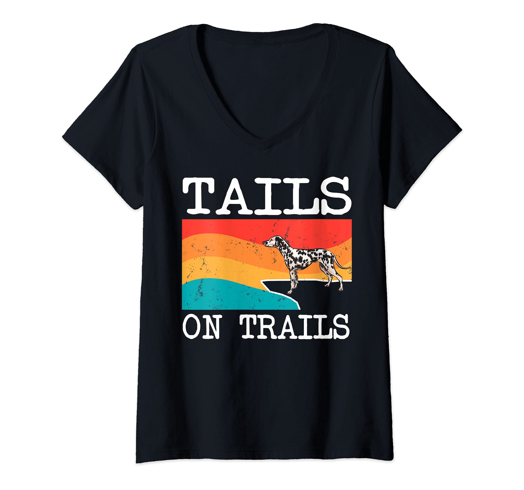 Womens Tails On Trails Dalmatian Dog Funny Hiking V-Neck T-Shirt, Black