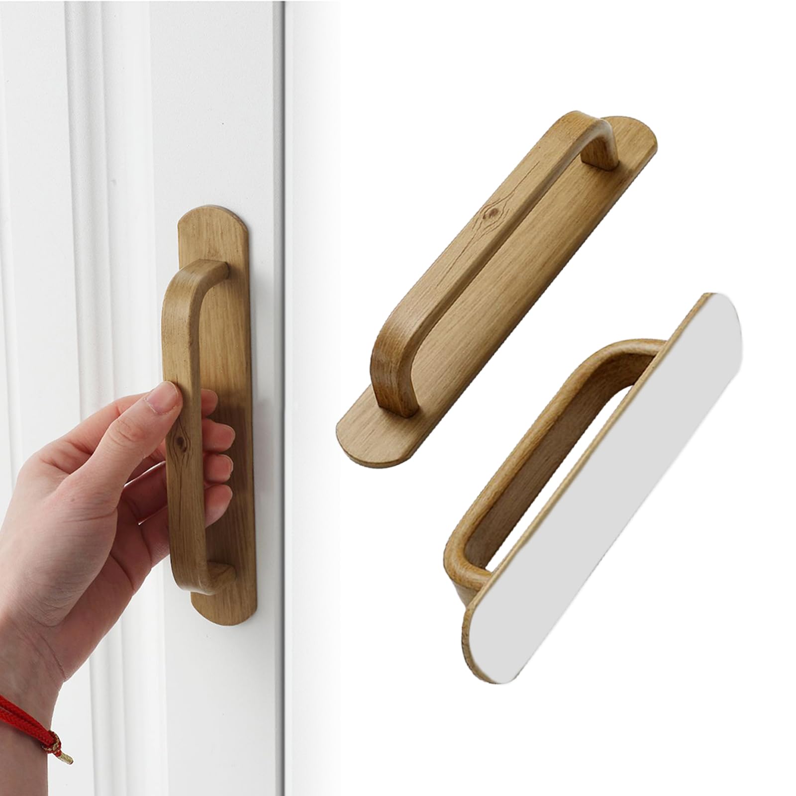 Elistonie 2 Pack Self-Stick Handle Wood Like Cabinet Handle Aluminum Pull Self Adhesive Handle Replacement Pull for Cabinet Sliding Door Cupboard Drawer Wardrobes Wood Balcony Door (Light, 128mm)