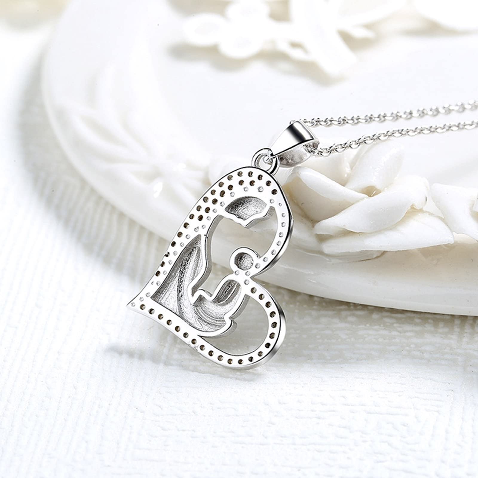 Collar de 14 quilates, collar con colgante de corazón de diamante para madre y niño, 2.66x1.64CM, Vidrio Cuero, Diamante