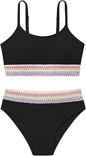 Weixinbuy Traje de baño para niñas, con bloques de color, correa ajustable, bikini de dos piezas, traje de baño de playa para niñas de 9 a 16 años