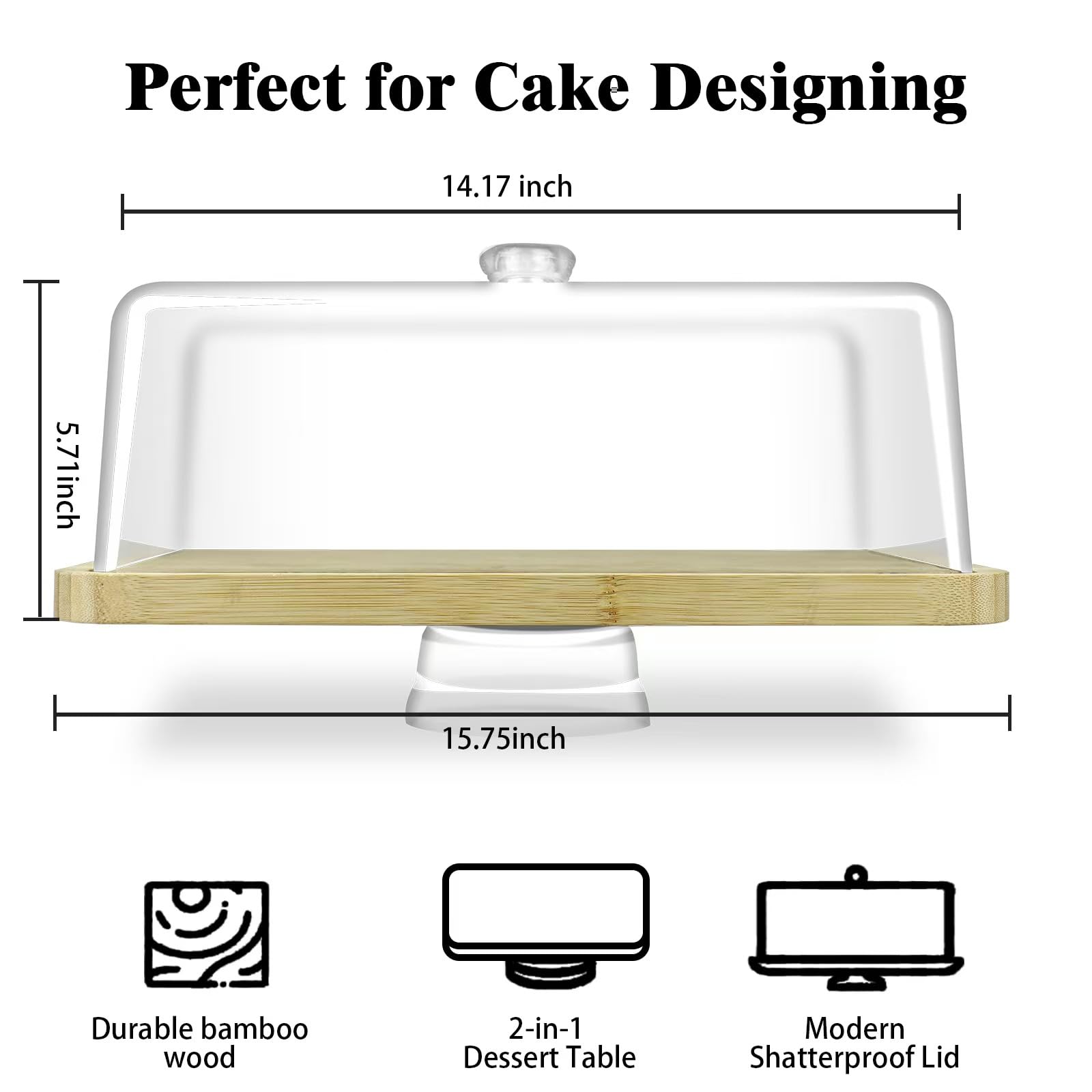 Cutesun Soporte para tartas de madera de bambú con tapa, soporte rectangular para tartas, juego de exhibición de mesa de postre 2 en 1 de 16 pulgadas y tabla de embutidos para queso, patatas fritas