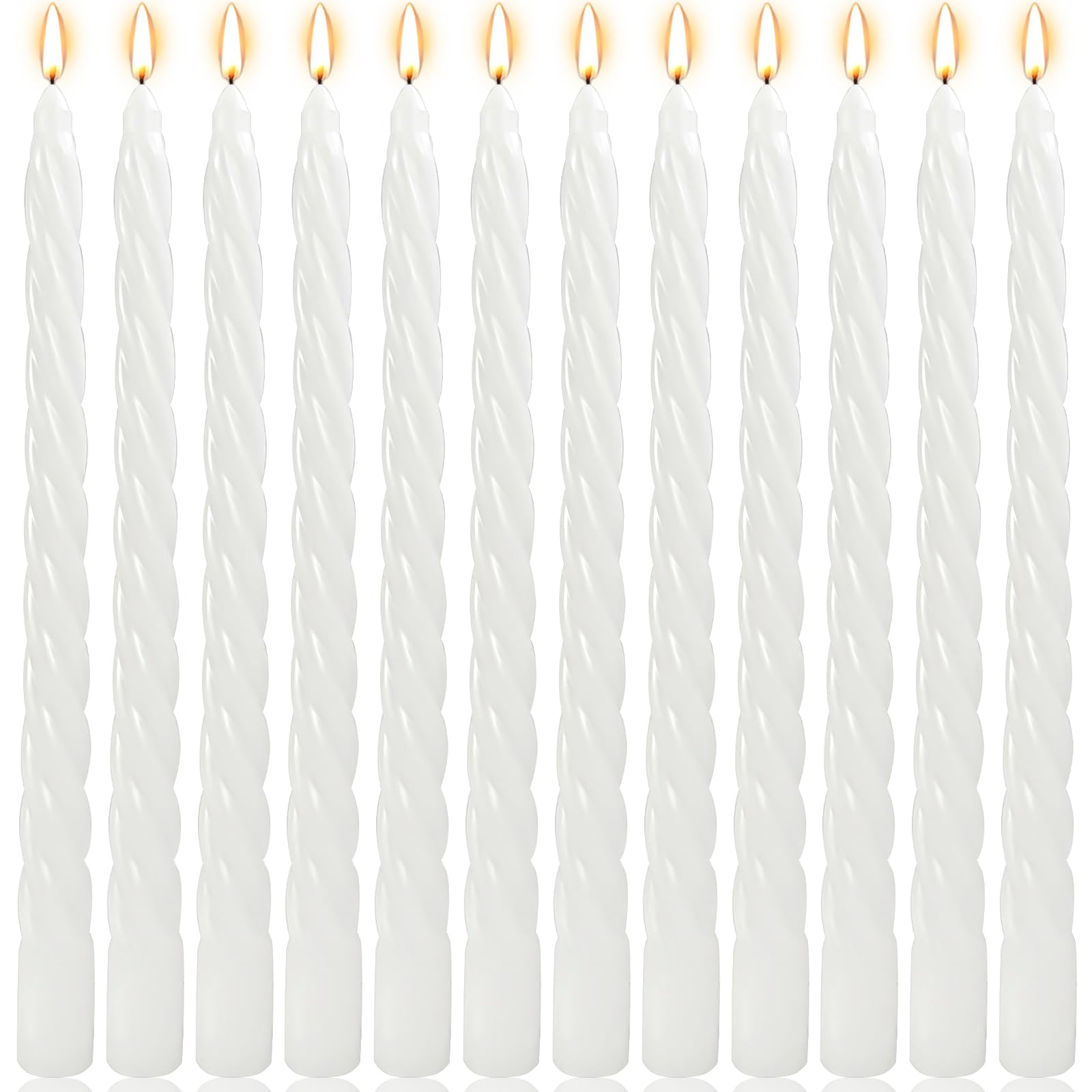10 Inch White Twisted Spiral Taper Candles Set for Holiday Decor, 12 Pack Unscented Candlesticks, Dripelss Tapered Candles for Wedding Dinner Party