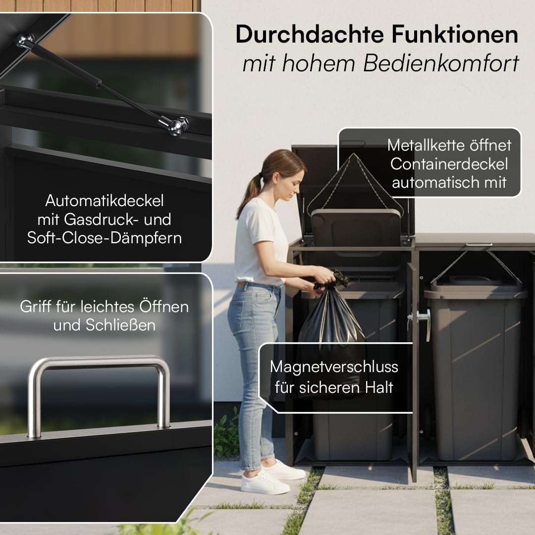 STEELSØN Diorus Mülltonnenbox 2er 120L abschließbar – Hochwertige Mülltonnenverkleidung für 2 Tonnen – Müllbox Stahl – Müllcontainer Schwarz - Mülltonnen Box wetterfest – Gerätebox mit Schloss