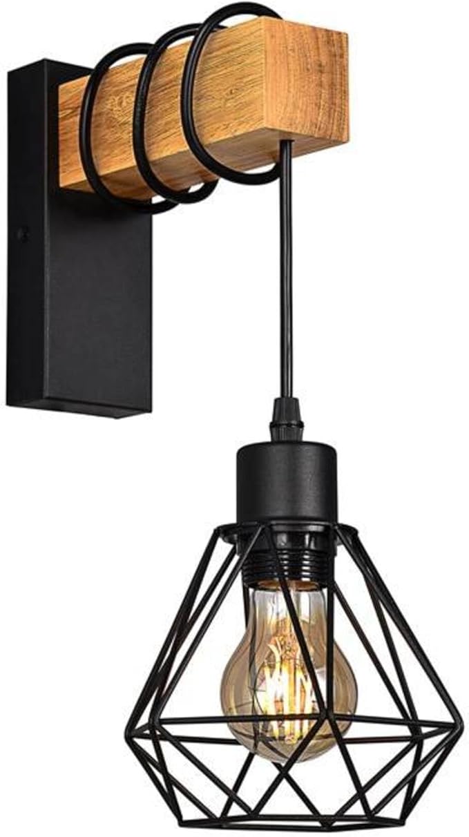 B·LED BARCELONA LED B·LED BARCELONA LED Vintage wandlamp, retro lamp van staal en hout, E27 LM135-N_FBM-aansluiting, zwart [lamp is niet inbegrepen]