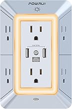 USB Wall Charger, Surge Protector, POWRUI 6-Outlet Extender with 3 USB Charging Ports (1 USB C) and Night Light, 3-Sided Power Strip with Adapter Spaced Outlets - White，ETL Listed, Gray