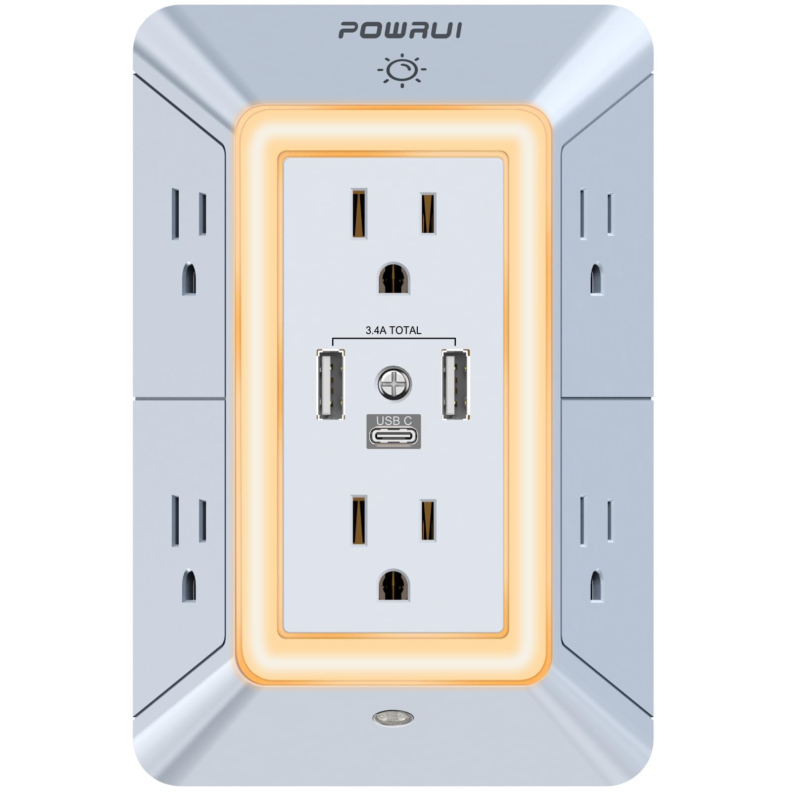 USB Wall Charger, Surge Protector, POWRUI 6-Outlet Extender with 3 USB Charging Ports (1 USB C) and Night Light, 3-Sided Power Strip with Adapter