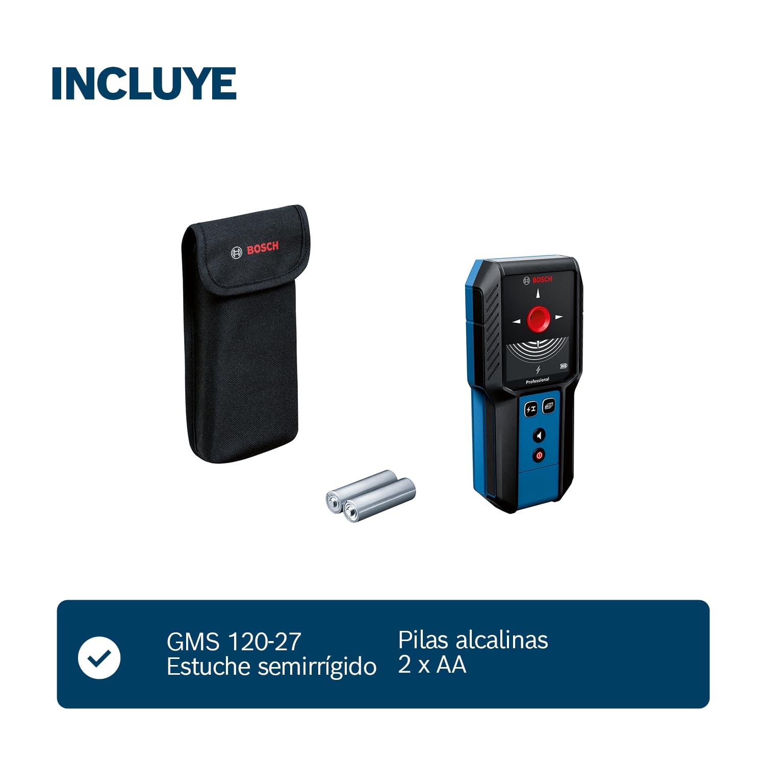 Bosch Professional detector de pared GMS 100-23 (profundidad de detección máx. de metal no magnético/metal magnético/cables con corriente/madera: 100/80/50 mm, 2 pilas AA, bolsa)