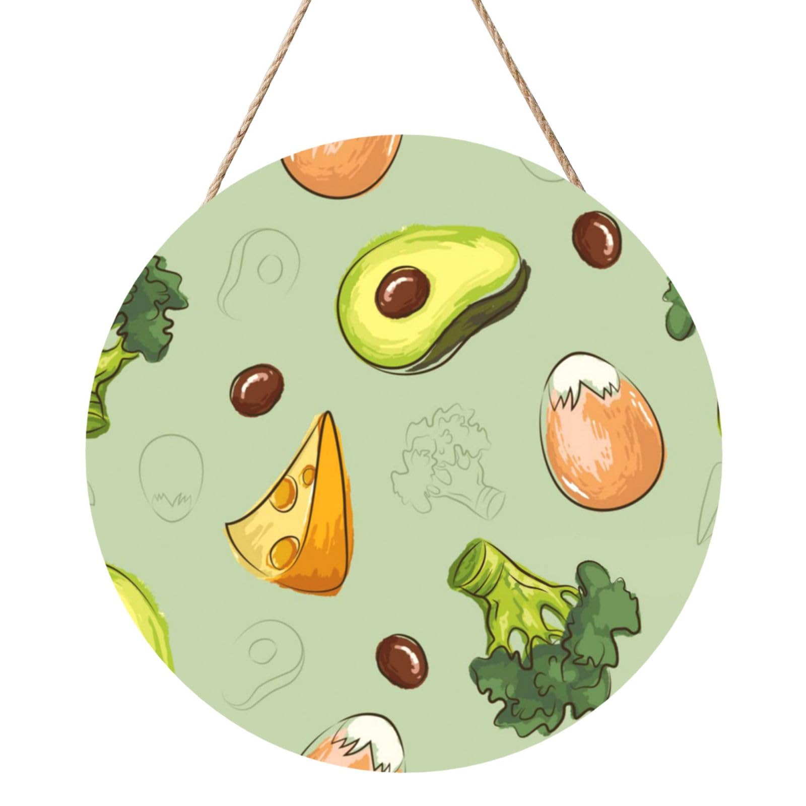 InOmak Doodle Broccoli Cheese Avocado, Round Wood Panel Painting 12 in, Wall Hanging Painting For Home