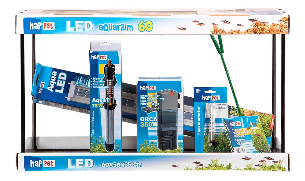 Happet - Zestaw akwariowy 60 l z oświetleniem LED, szklany wazon - lekki, dekoracyjny element wystroju domu, stołowy - z oświetleniem AquaLED, grzałką, filtrem, termometrem i podbierakiem